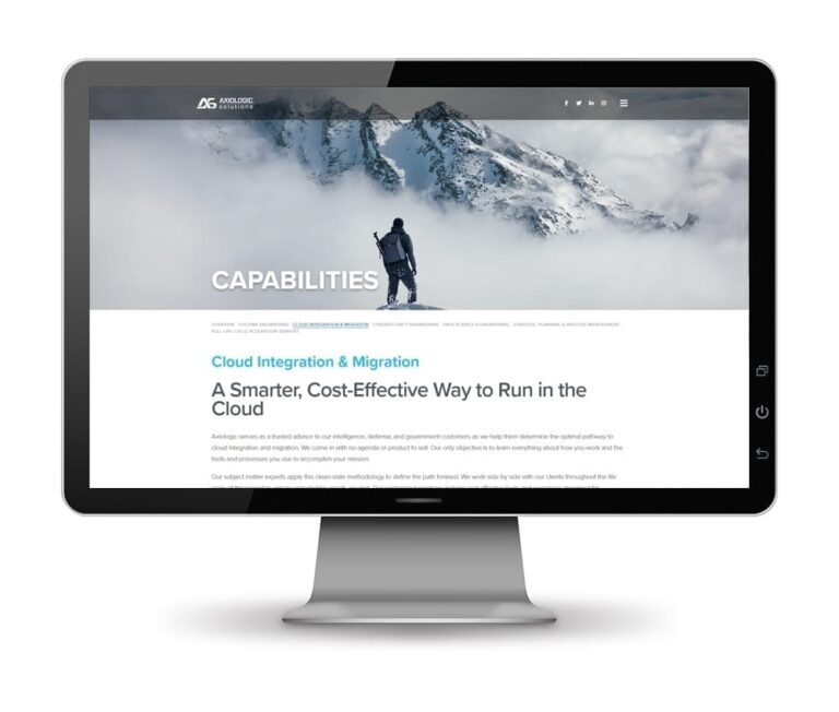 Axiologic Solutions capabilities page website design mockup