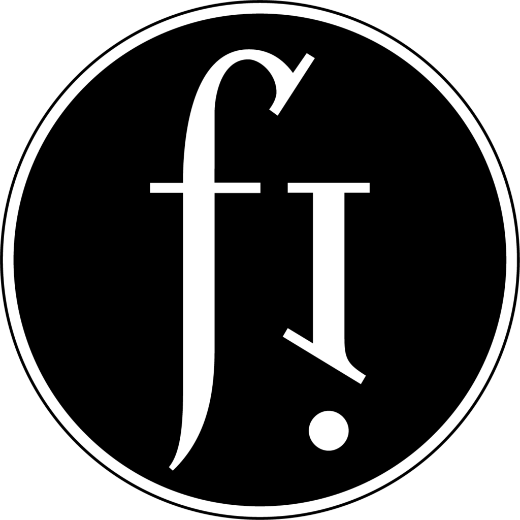 Focused Image logo icon FI in circle black and white and white outline