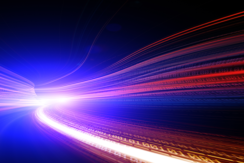 Wide abstract digital light trail with binary code